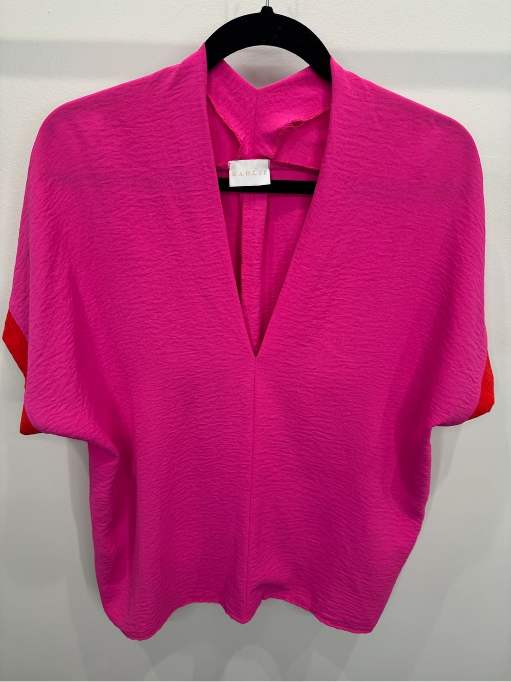 Karlie V-Neck Dolman Top in Bright Pink with Red Accents